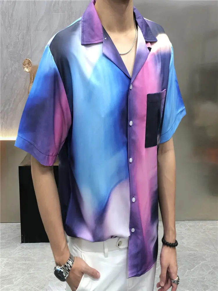 

2024 Summer Shirt Short Sleeve Color Gradient Pattern Casual Men Streetwear Breathable Camisa Fashion Masculina