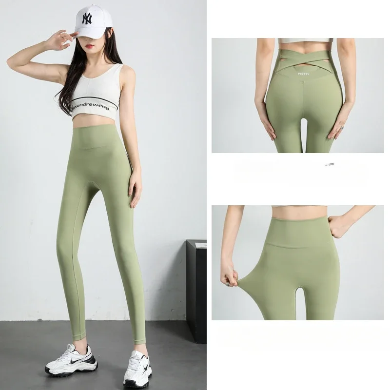 Nude Sports Yoga Pants Women\'s Shark Pants Autumn New Thin Elastic Cross-waist Barbie Pants Tight Leggings