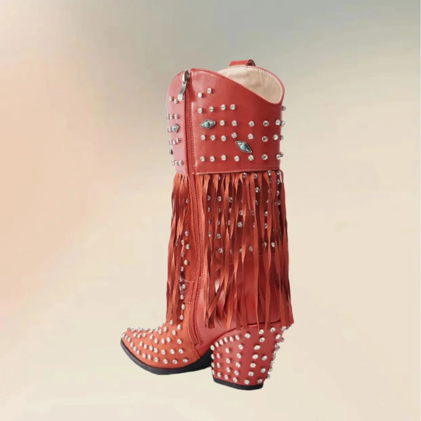 

Crystal Decor Red Tassels Pointy Toe Boots Side Zipper Women Shoes Chunky High Heels Party Feast Dating 2026 Zapatos Para Mujere