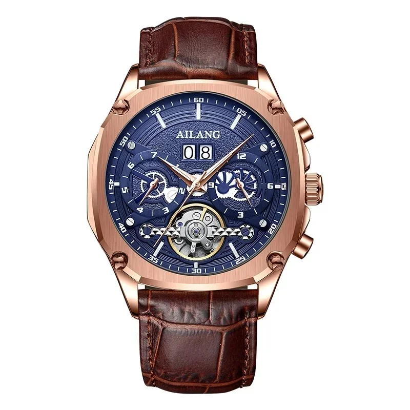 AILANG 8308B Men’s Flywheel Automatic Mechanical Watch, Skeleton Design, Calendar, 3ATM Water Resistant, Sports Wristwatch, High