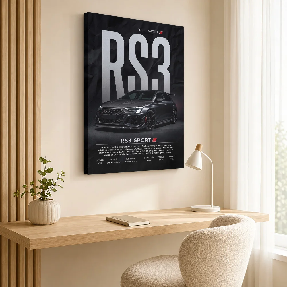 Black Sleek German RS3 Sport Performance Framed Canvas Poster Customized Photo Gallery Style Wall Art Garage Decor Driver Gift
