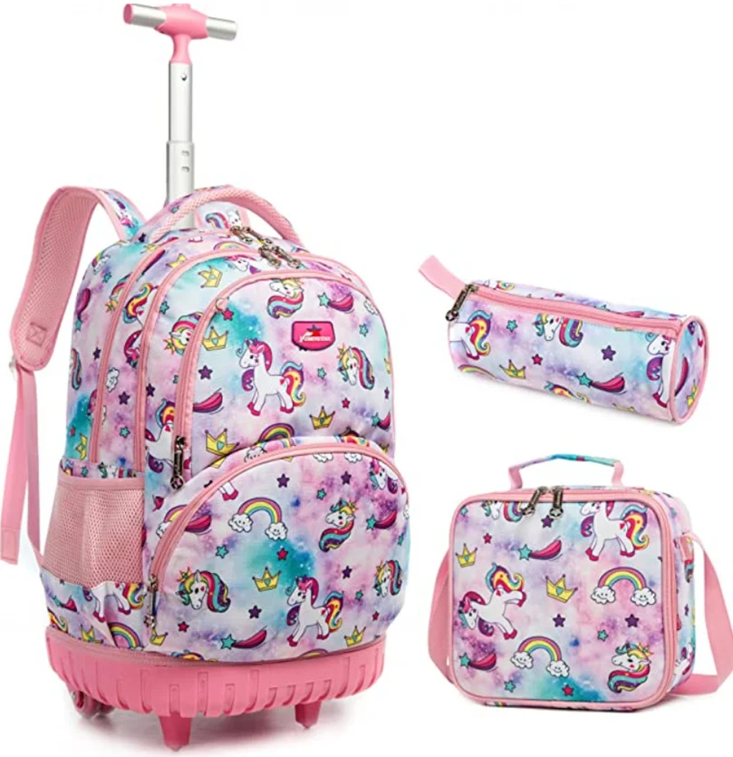 16 Inch 3 Pcs Set Kids School Trolley Tas Lunch Tas Wielen Rugzak Eenhoorn Rolling Rugzak Voor Meisjes Rugzakken Met wielen