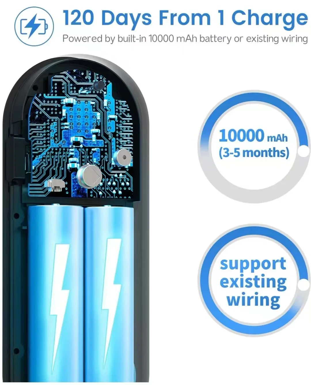 black rectangular power bank with blue circuit board and two cylindrical batteries inside for wireless video doorbell camera 1080p dual wifi.