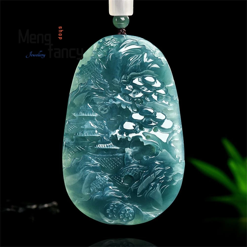 

Высококачественный натуральный жадеит класса А, голубая вода, зеленый горный пейзаж, художественная концепция, клейкий лед, кулон, изысканные ювелирные изделия
