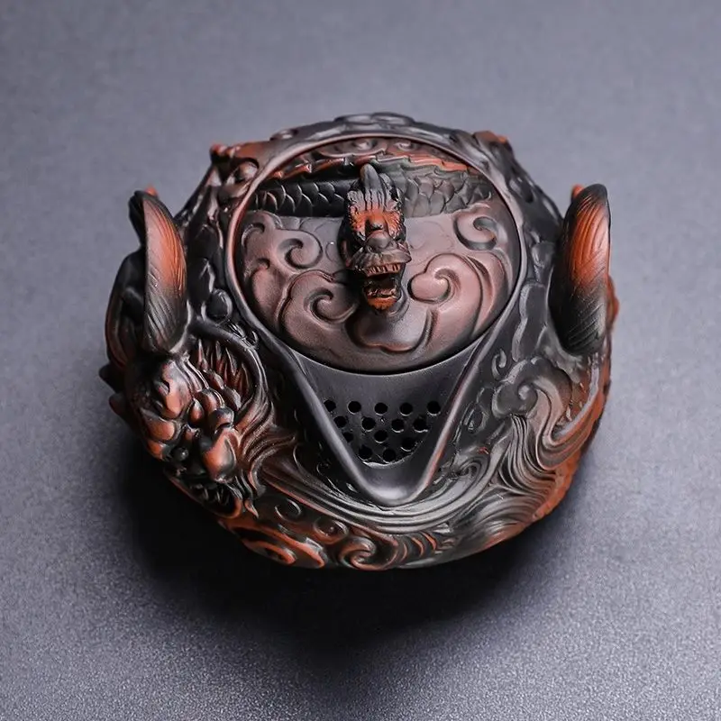 Chinese purple pottery handmade pile carving flying dragon hand grab pot travel tea set a pot two cups kung fu tea set