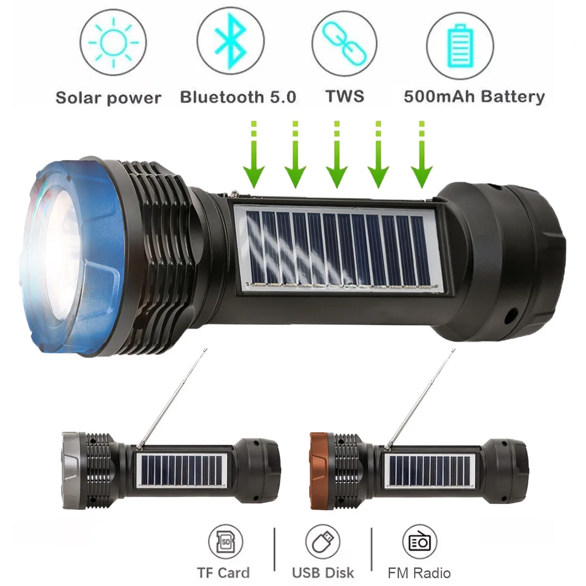

Solar Bluetooth Speaker Wireless Portable Power Speaker TF FM Radio Flash Light