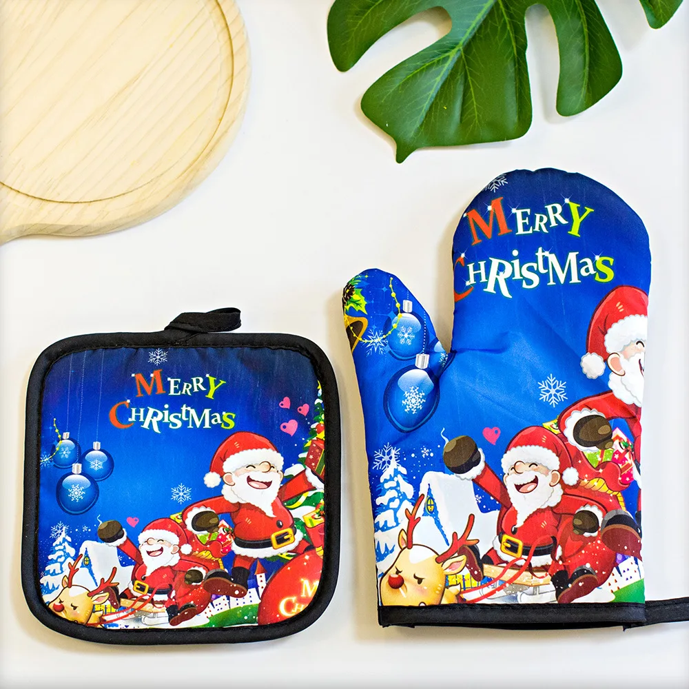 Christmas Printed Insulated Gloves Heat Resistant Scald Resistant Waterproof Oven Microwave Oven Gloves Kitchen Cooking Utensils