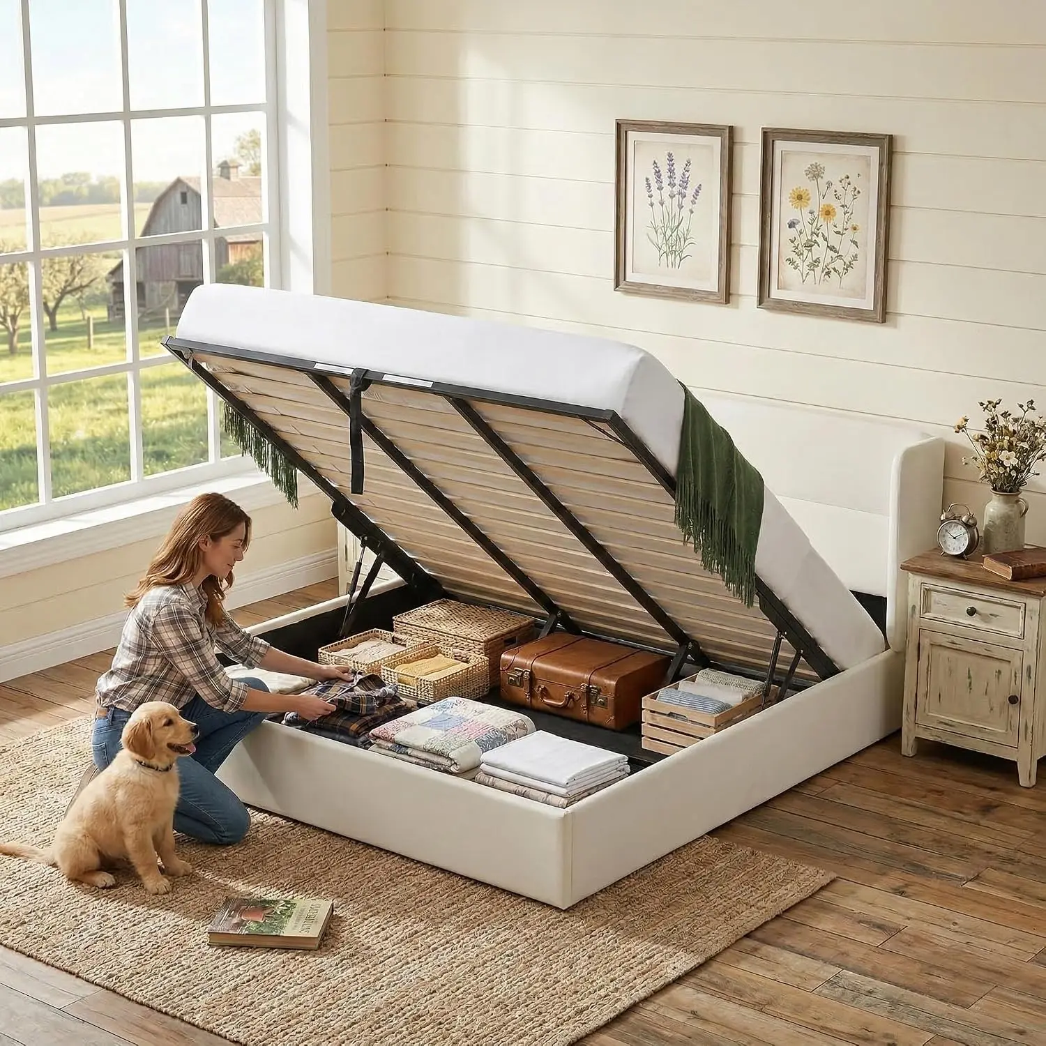 Wingback Upholstered Storage Bed Frame Lift Up Platform Modern Bedroom Cream, Customized