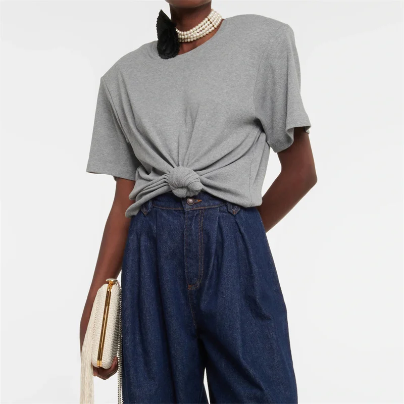 

Women's t-shirt New elastic knitted slim fit round neck short sleeved top for summer 2025 pure cotton crop top Women's corset