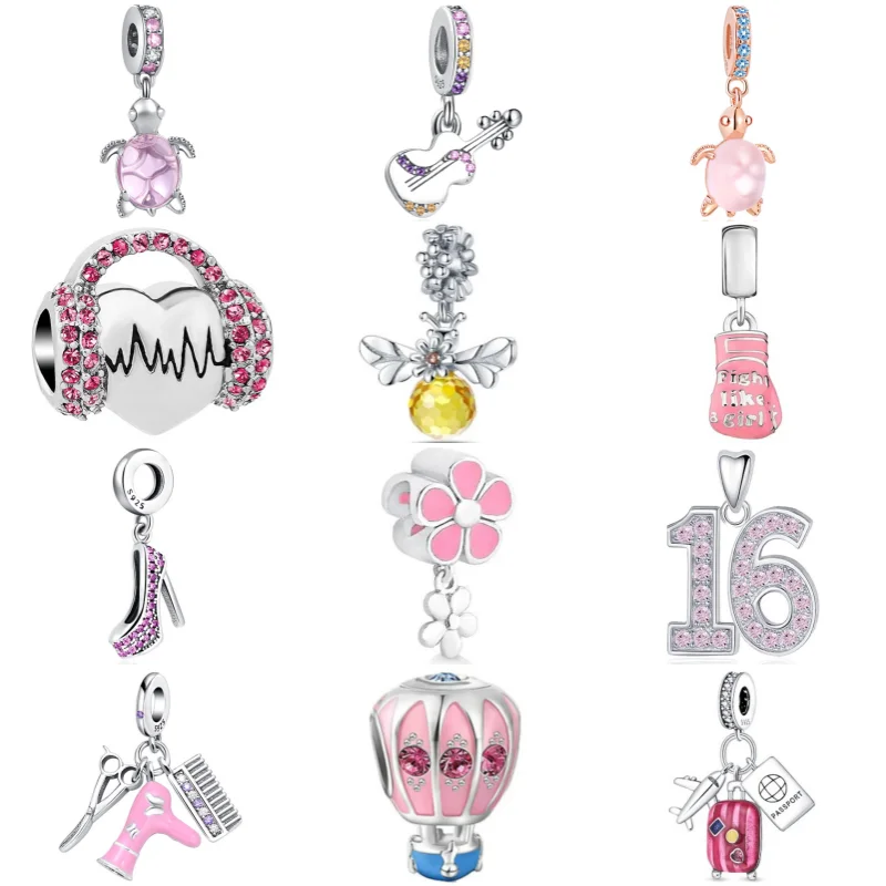 New Pink Series plated music Charms Beads For Pandora Bracelets Keychain Necklace DIY Fashion girl Jewelry Gift