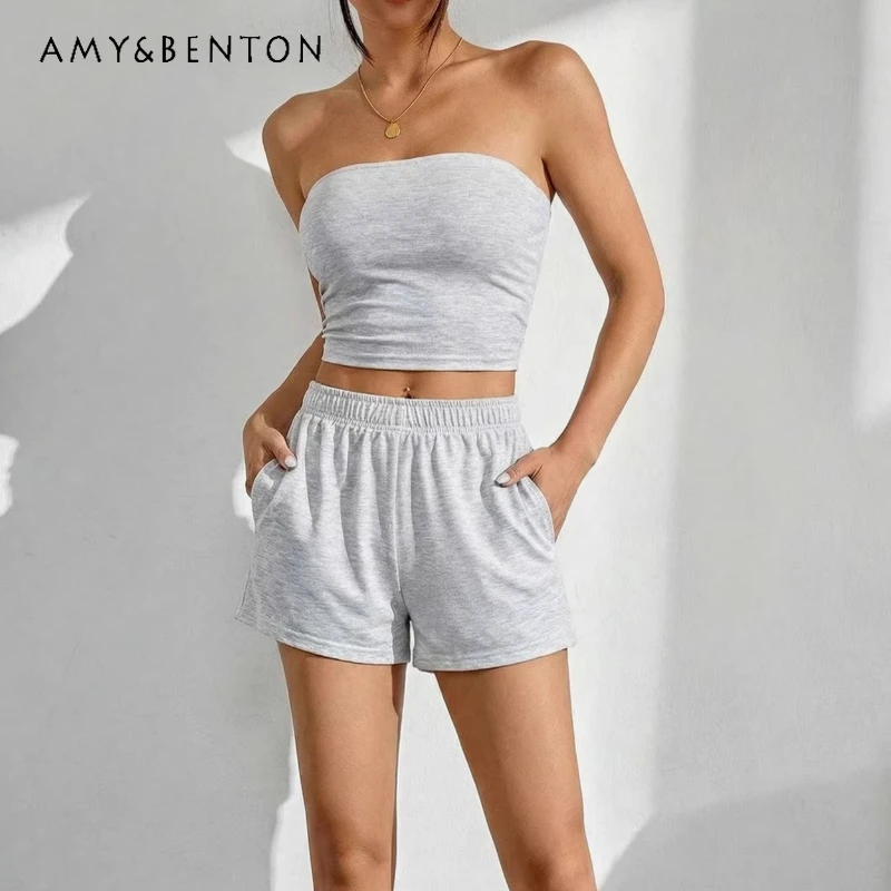 

2026 Summer New Fashion Sexy Off-Shoulder Women's Tube Top Simple Versatile Solid Color Pocket Shorts Two-Piece Sets Ladies