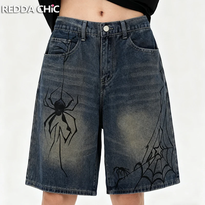 

REDDACHIC Spider Pattern Baggy Jorts Man Whiskers Do Old Pockets Low Waist Wide Leg Denim Shorts Pants Retro Korean Streetwear