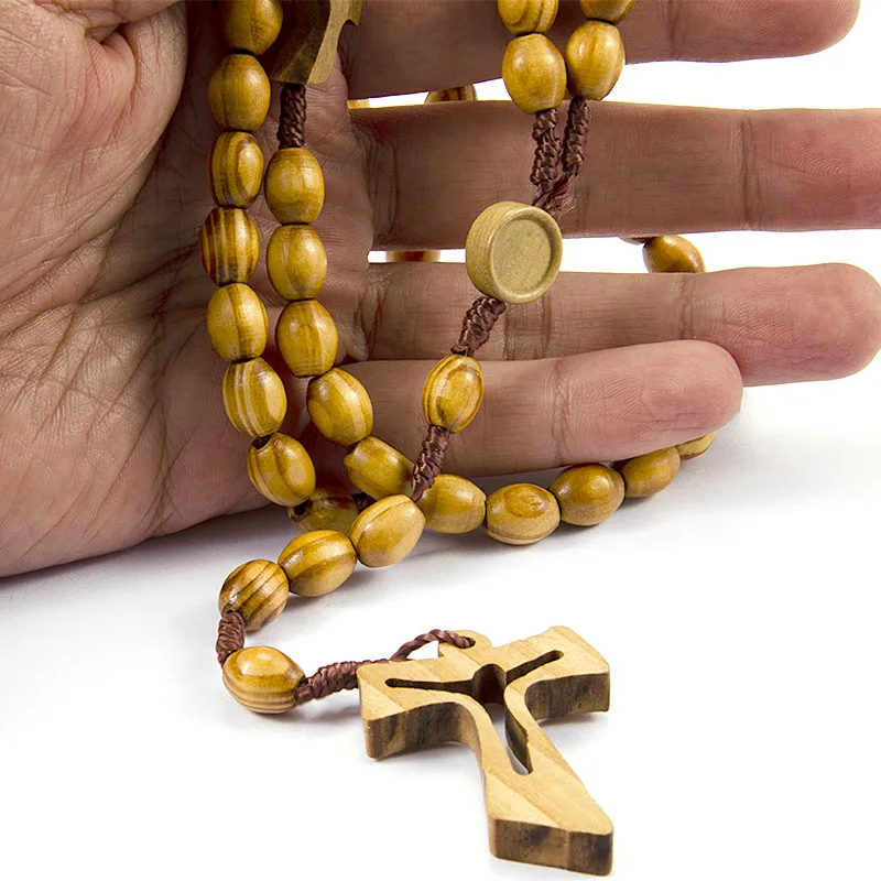 10pcs Wooden Prayer Beads Chain Tau Cross Pendant St.Benedict Medal Rosary Necklace Chaplet Religious Jewelry Sacraments Gift