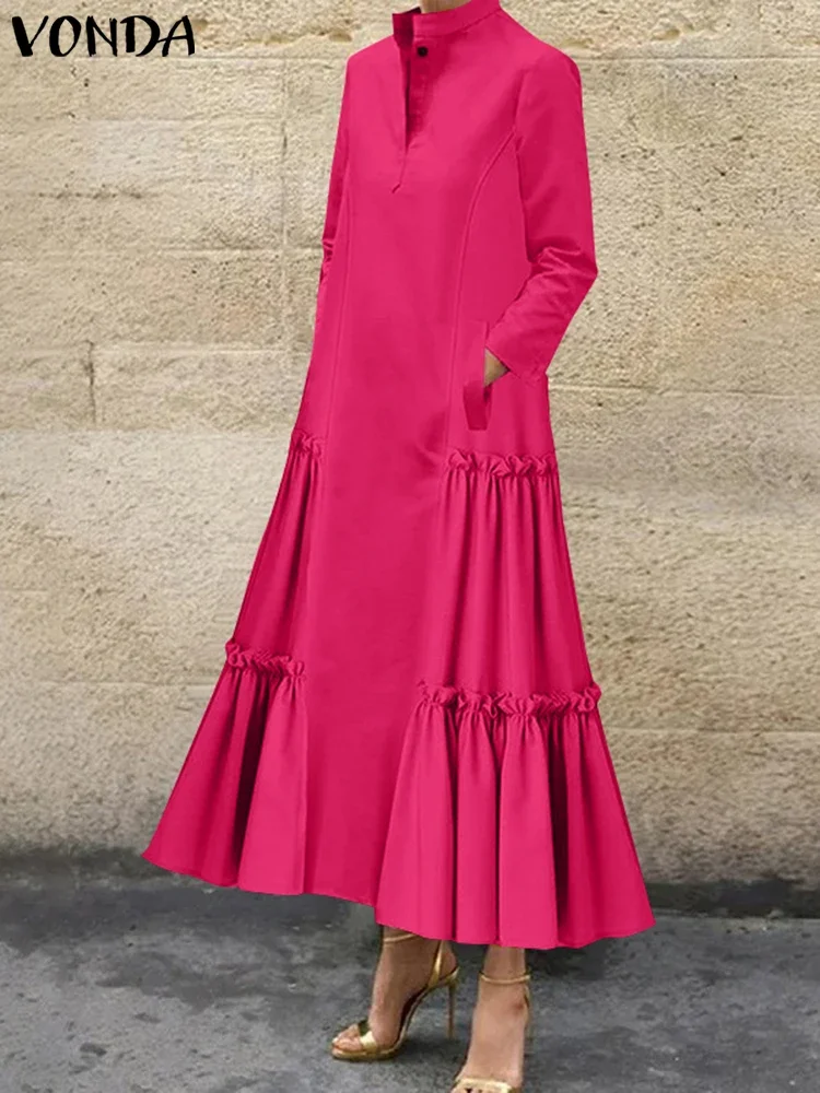 VONDA Abito lungo maxi con volant da donna 2025 Abito camicia a trapezio in tinta unita casual Colletto alla moda Manica lunga Vestido da festa