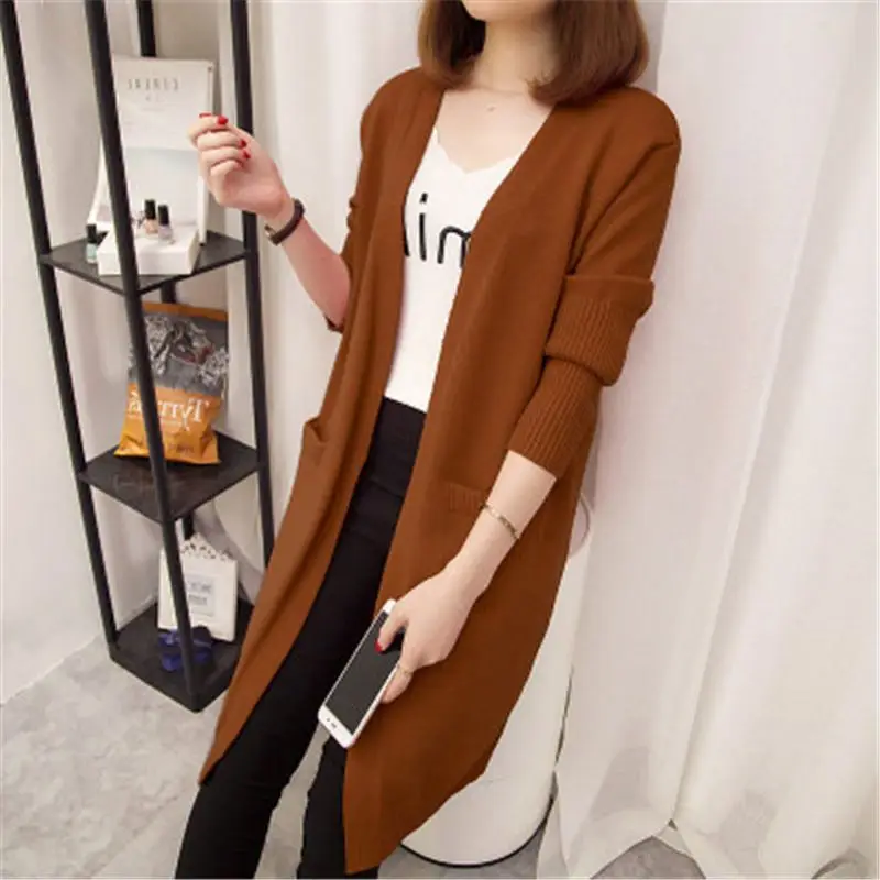 Spring Auutmn Women Korean Simple Solid Loose Long Sleeve Tunic Knitted Cardigan Coat Casual V Neck Pocket Female Sweater Jacket