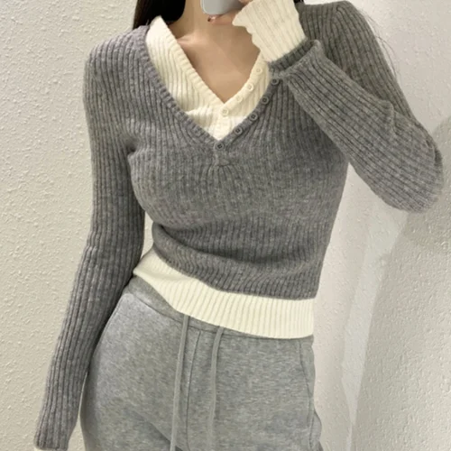 슬림핏 스웨터 한국 스타일 슬림핏 봄 2025 슬림핏 여성용 니트 롱슬리브 V넥 빈티지 가짜 레이어드 스웨터 