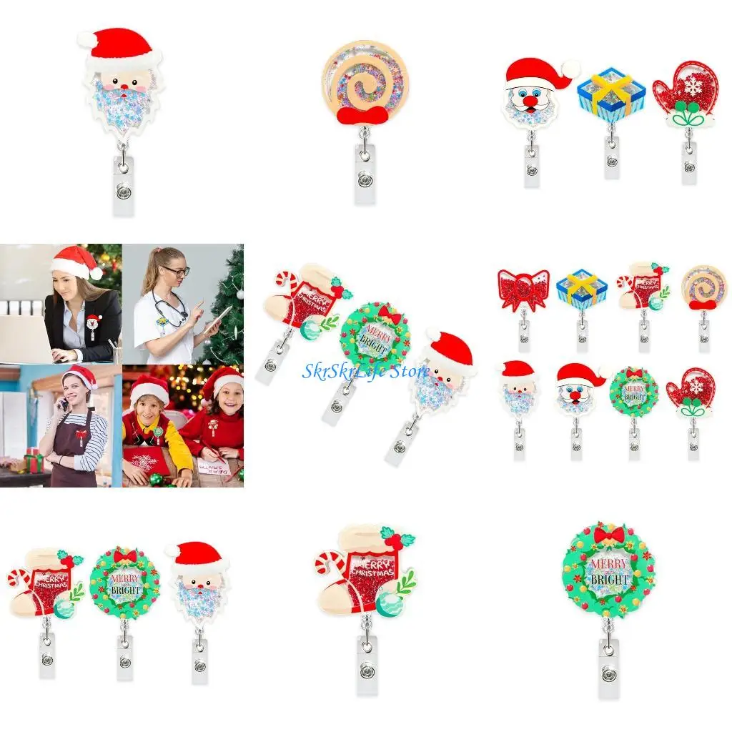 

E65E 3/8Pcs Christmas Acrylic Badge Reel Clip Retractable Reel for Nurse Doctor