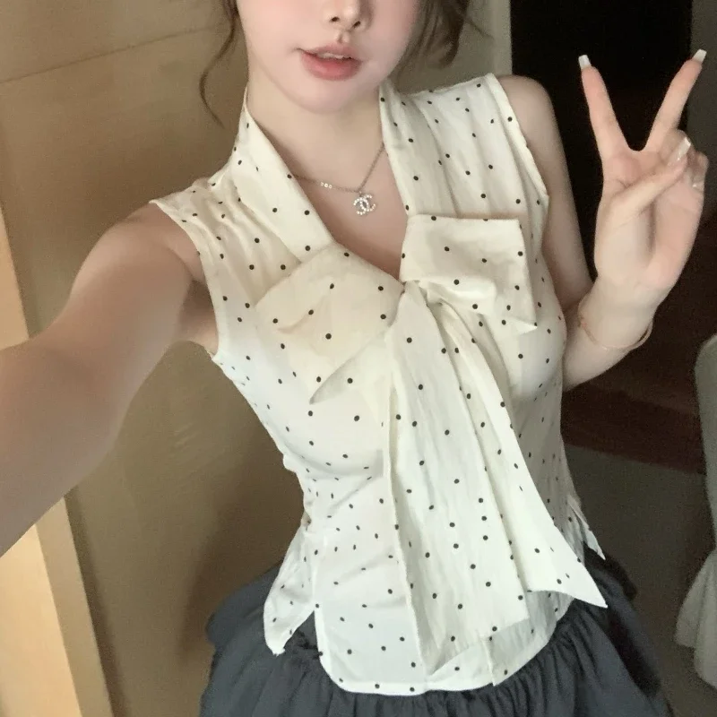 2024 New Summer Korean Edition Fresh and Minimalist Slim Fit Sleeveless Blouses Stripe Spliced Bow Button Women\'s Shirt Top