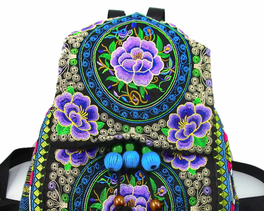 Tribal Vintage Hippie Colorful Travel Backpack Bag For Women Embroidery Pom Charm Floral Ethnic Bohemian Boho Rucksack SYS-592