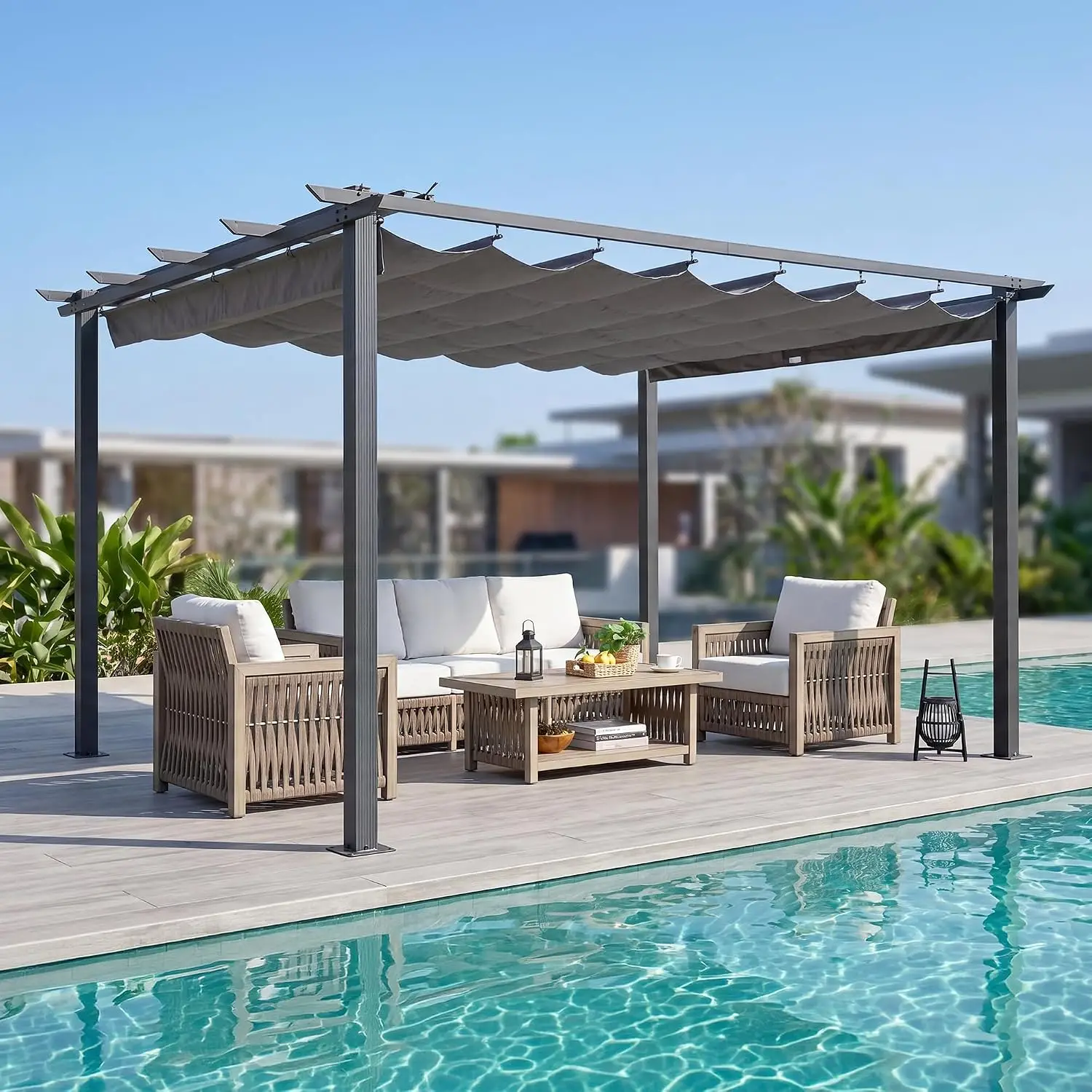 10'x10' Retractable Pergola Canopy for Deck Porch, Outdoor Aluminum Sun Shade with Hardware, Grey, Customized