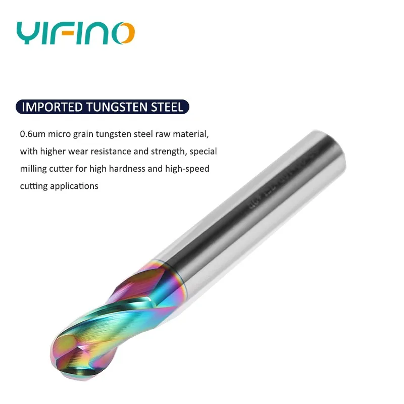 YIFINO HRC55 2F Colorful Coating Tungsten Steel Carbide Aluminum Ball End Milling Cutter CNC Mechanical Machining End Mill Tools