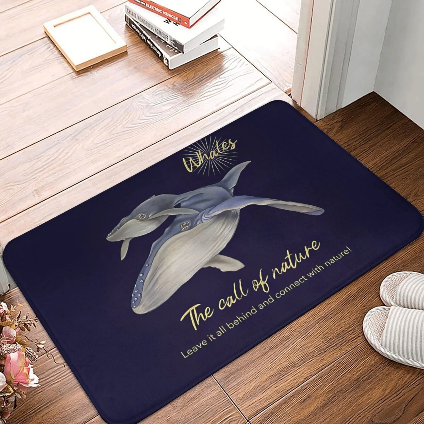 Whale Pair Doormat Navy, Mother  Calf Illustration, “Whales”  “The Call of Nature” Text, Polyester, Non-Slip, Machine Washable,