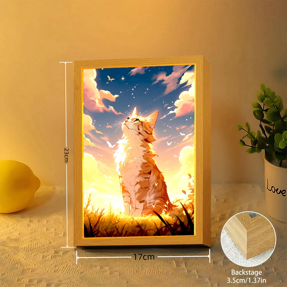 Cute Cat Light Painting Picture Frame Kawaii Led Night Light Home Bedside Table Room Decor Friends Kids Birthday Gifts Moon Lamp