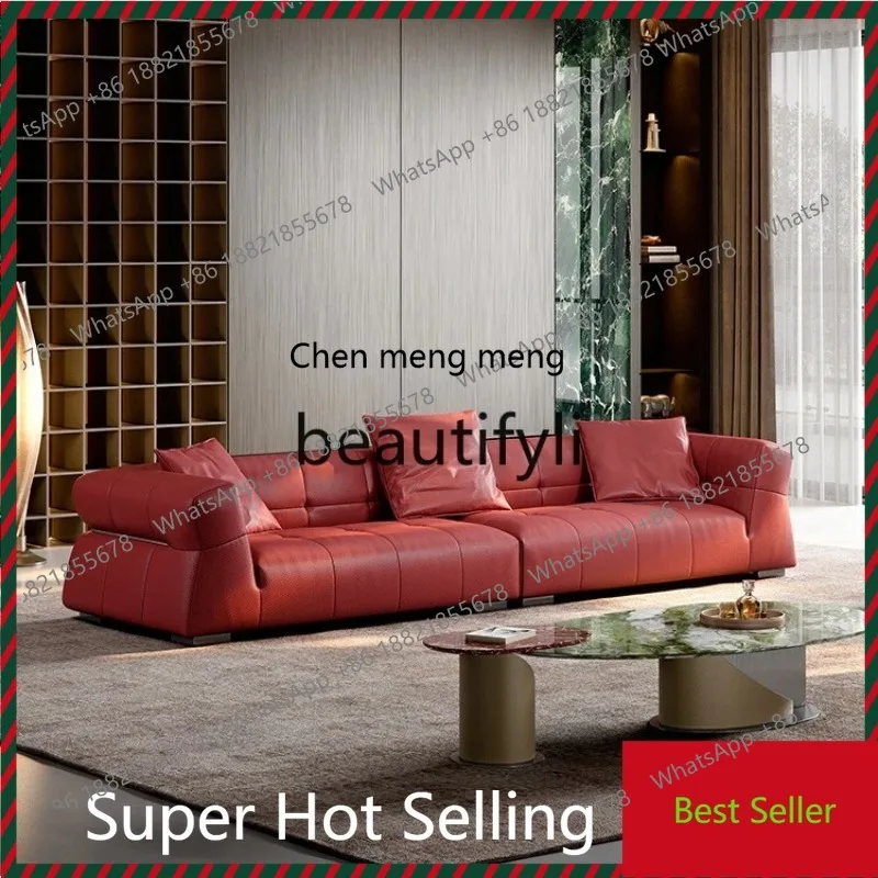 X  QQ132 Furniture Minimalist Straight-Line Living Room Home Use Red Full Genuine Leather Sofa