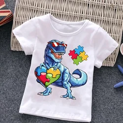 Cartoon Puzzle T-shirt Autism Kids Boy Tops Cute Baby Girls Cotton Summer Clothes Toddler Dinosaur Tshirt Children Costume