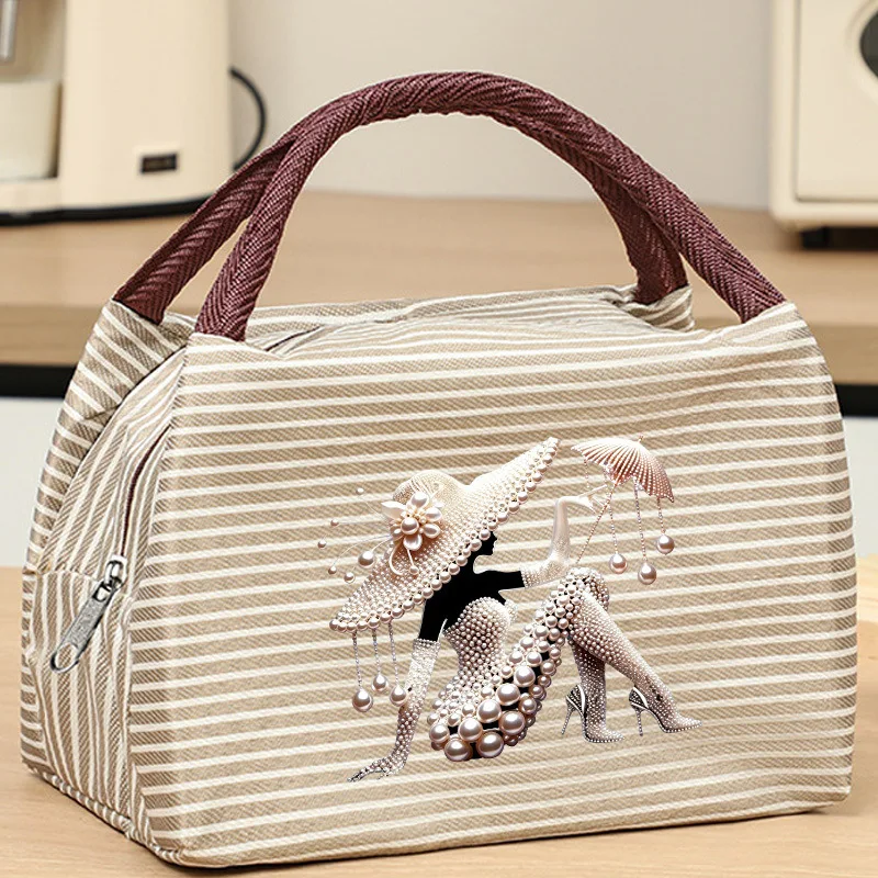Elegant Pearl Lady Silhouette Print Insulated Lunch Bag Portable Thermal Food Handbag Reusable Tote for Office School Outdoor