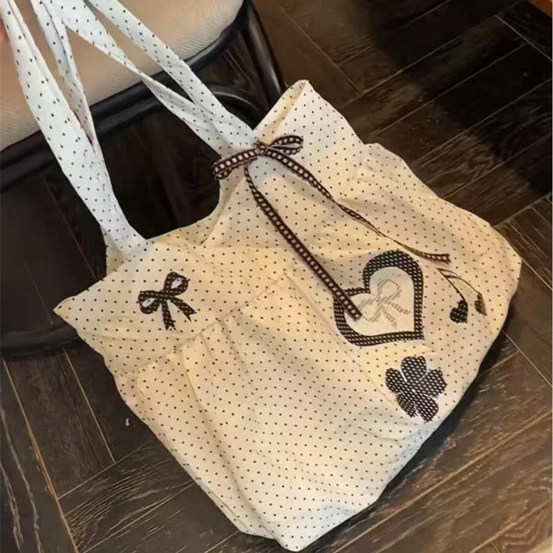 Koreanische Polka Dot Umhängetasche Niedliche Schleife Engelsflügel Design Handtasche Damenmode Pendeln Einkaufstasche Retro Kontrast Einkaufstasche – Detail 18