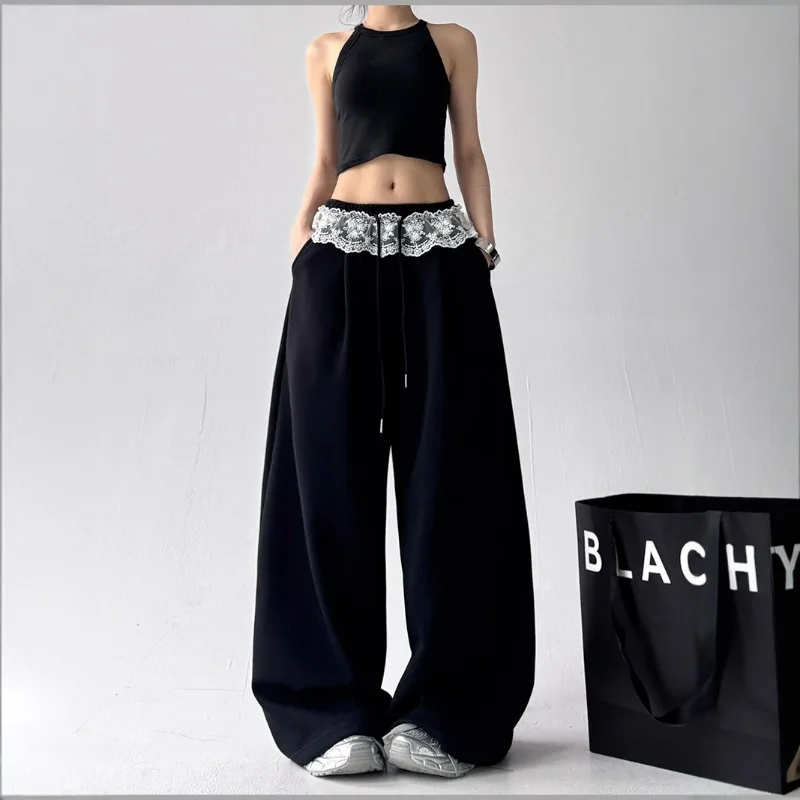 Wide-leg Women's Summer Solid Color Lace Drawstring Casual Korean-style Drape Sporty Laid-back Sweet Girl Pure Desire Long Pants