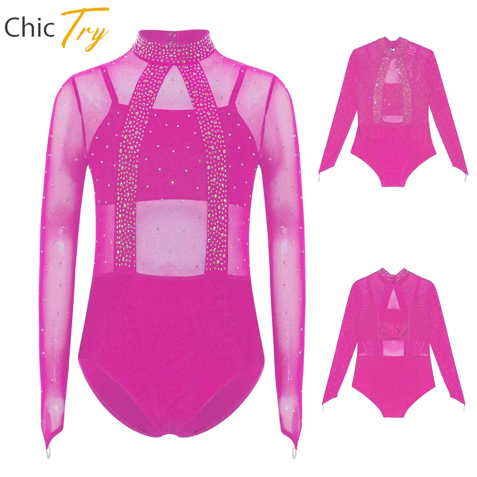 

Kids Girls Gymnastics Dance Performance Costume Long Sleeve Shiny Rhinestones Sheer Mesh Bodice Leotard with Camisole Ballerina