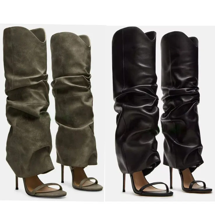 

Lady Matte Black Green Open Toe Knee Boots Stiletto Heel Woman Footwear Summer Dress Sexy Boots Cut-Out Retro Sandals Botas