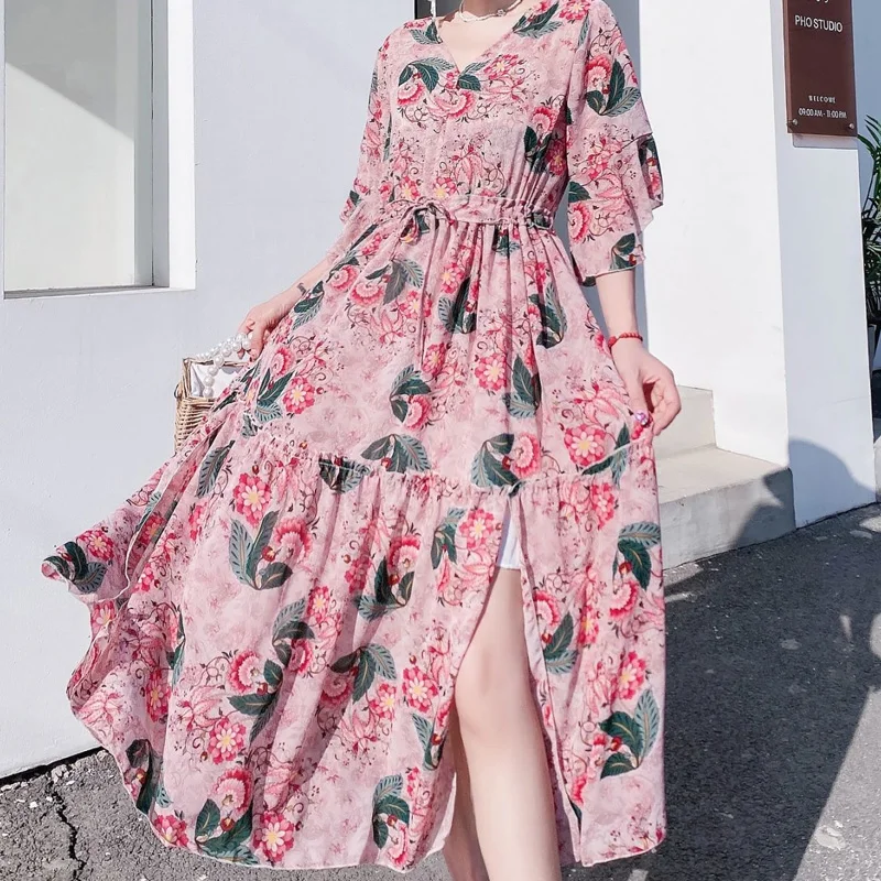 French Style Sashes Floral Printing Half Sleeve V-neck Loose Casual Elegant Dress Women Thin Style Temperament ChiffonSkirts