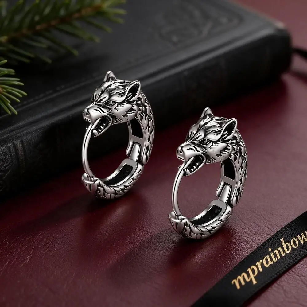 Punk Wolf Head Hoop Earrings for Men,Stainless Steel Viking Norse Gothic Huggies Hoop Earrings,Vintage Animal Jewelry Pair