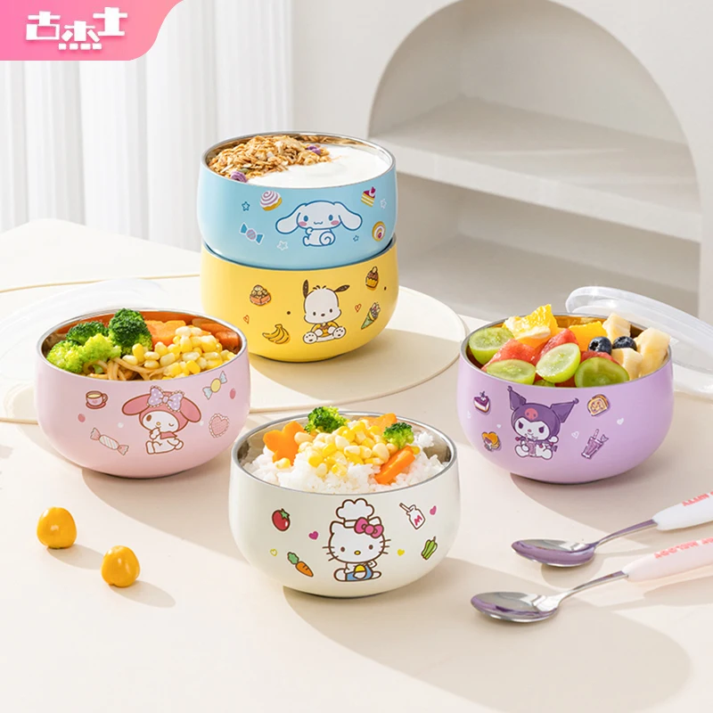 For Sanrio Hello Kitty Children Rice Bowl Food Grade Anti Fall Cute Bowls Stainless Steel Double-wall Heat Insulation Tableware