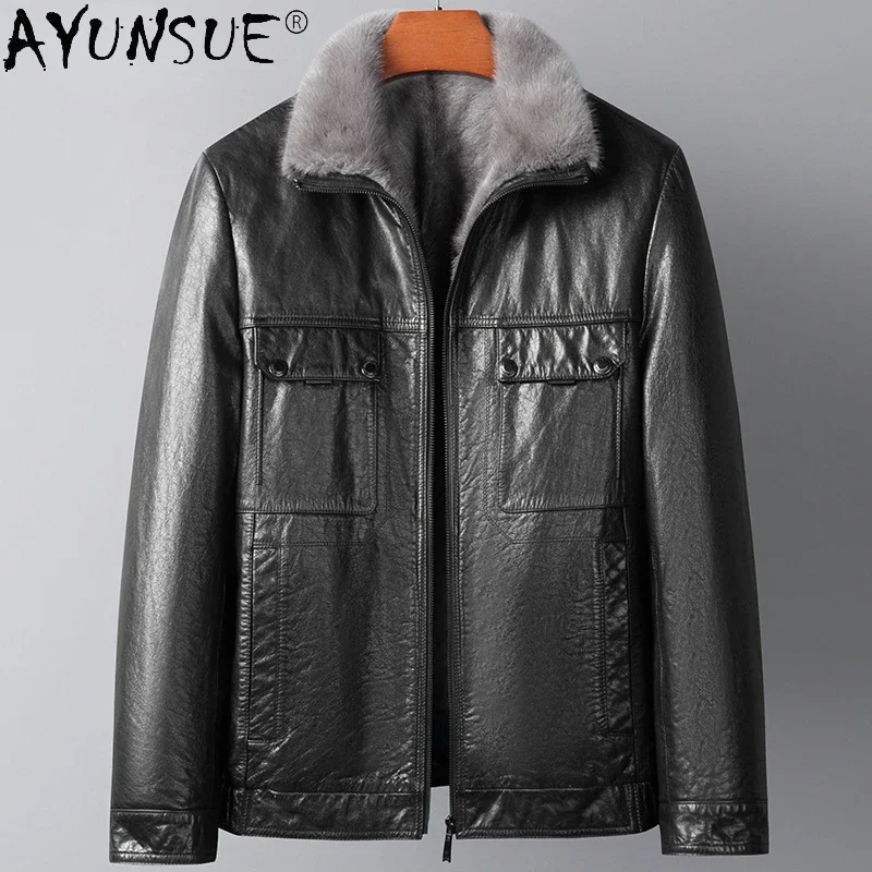 

AYUNSUE Winter Genuine Leather Jacket Men Clothing Black Mink Collar Cow Leather Coat Short Coats Warm Male Fur Jacket Chaquetas