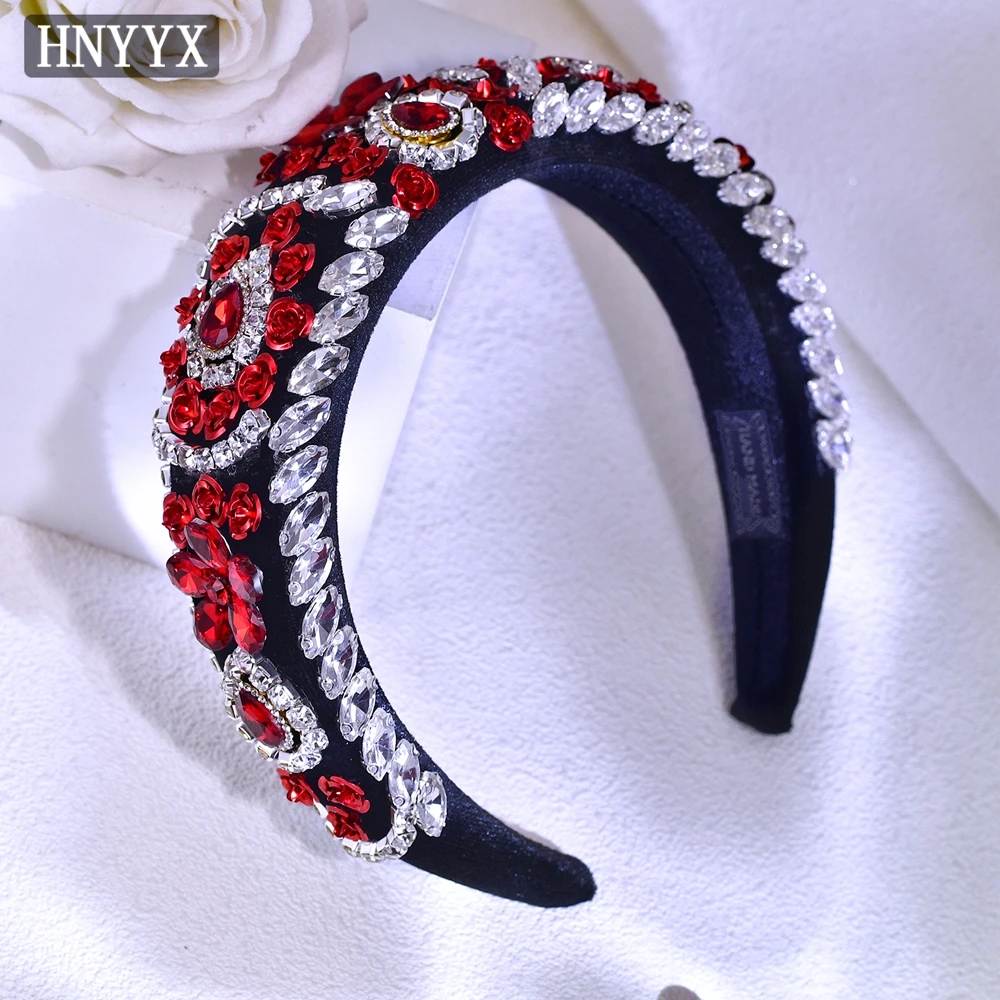 HNYYX Wedding Red Rhinestone Headband Vintage Thick Non-slip Hair Accessories Rose Headpiece Baroque Jewelry Hair Tiara A254