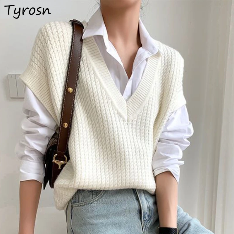 

Sweater Vest Women Ulzzang V-neck Baggy Casual Simple Cozy Autumn Temper Classic Streetwear All-match Females Knitted Vintage