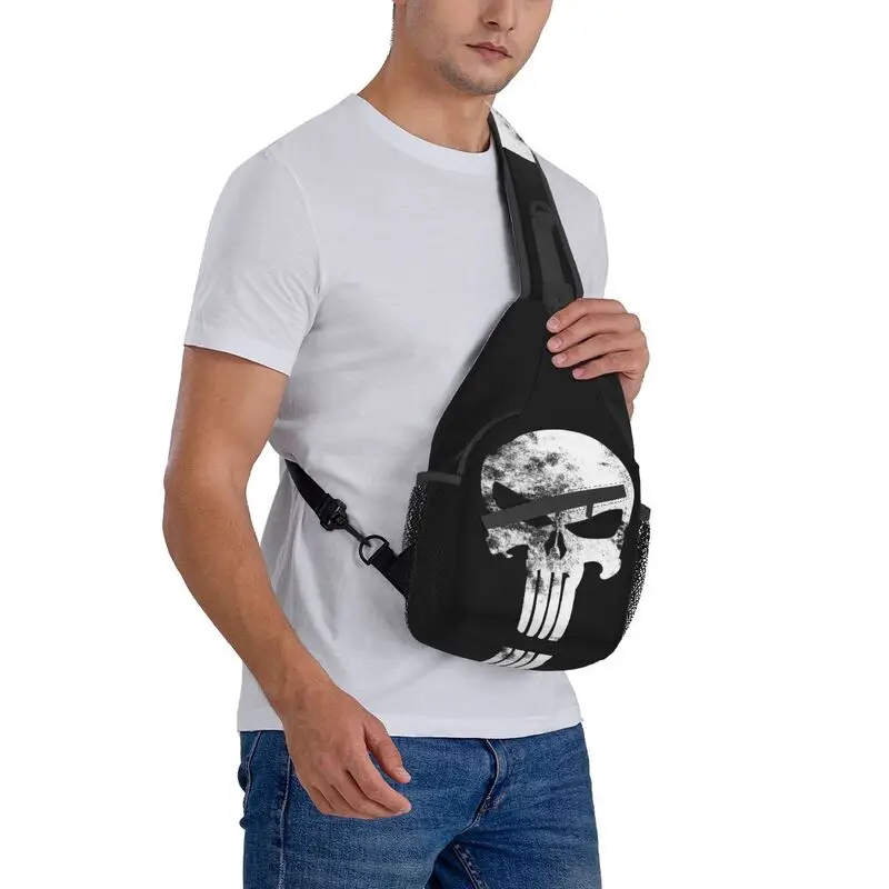 Vintage Punisher Skeleton Skull Sling Chest Bag Customized Shoulder Crossbody Backpack for Men Travel Hiking Daypack