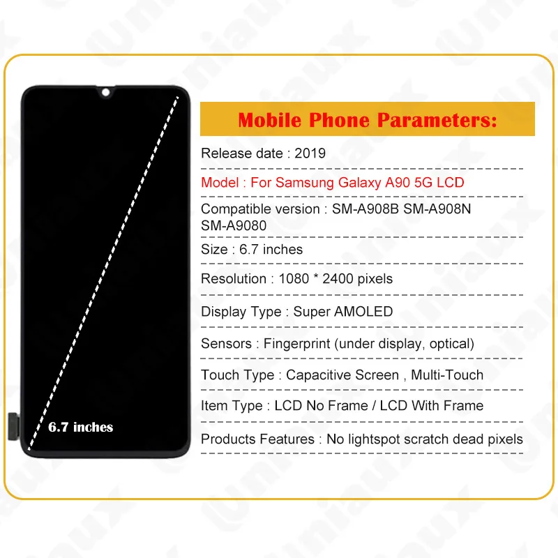 Écran LCD A90 pour Samsung Galaxy A90 5G Affichage SM-A908B SM-A908N SM-A9080 Écran Tactile Digitizer 6.7"