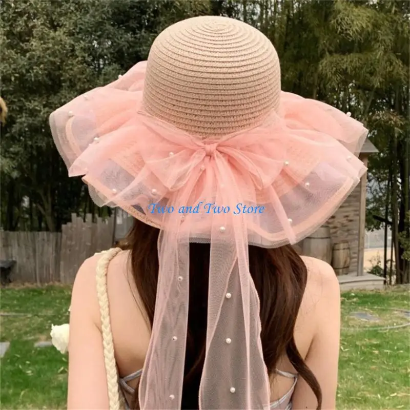 HX6F Lovely Double Layer Sun Hat with Lace Ruffle Bowknot Decors For Women Picnics