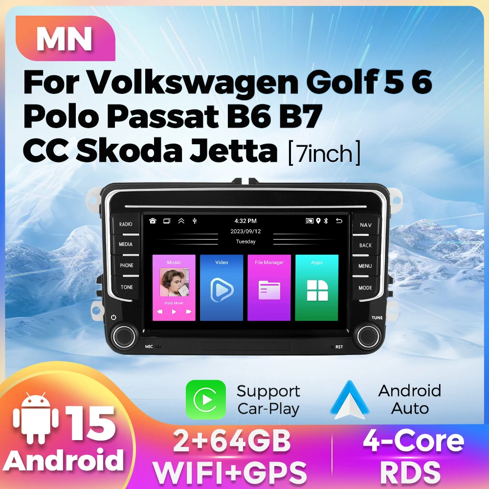 

7" Android 15 Carplay Auto Car Radio For VW Volkswagen Skoda Octavia Golf 5 6 Touran Passat B6 Polo Jetta GPS Multimedia Screen