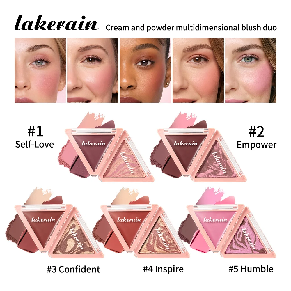Triangular Two-Tone Blush Palette Folding Opening Design Long Lasting Matte Finish Deep Moisturizing Double Layer Blush Palette
