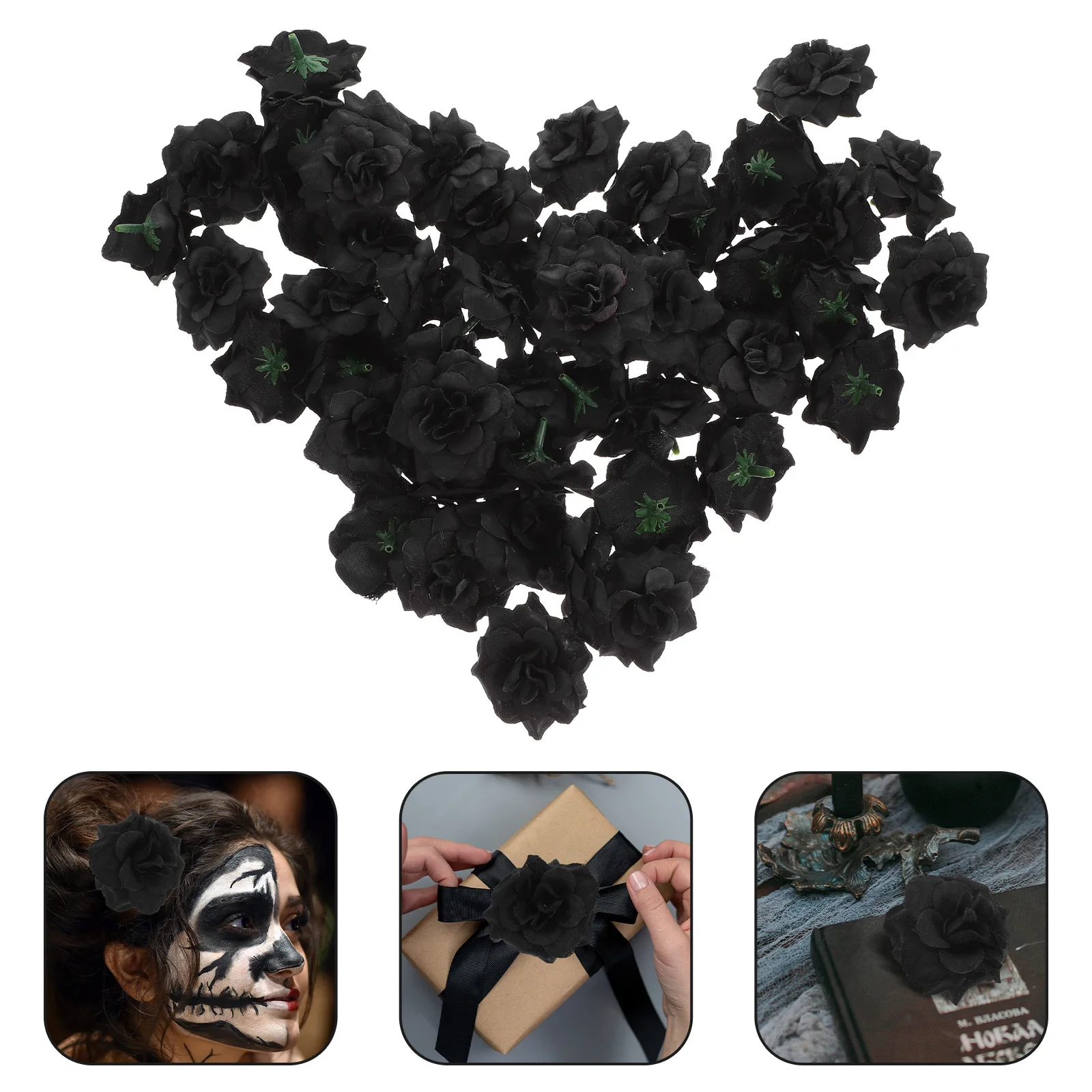 

50Pcs Black Artificial Rose Flower Heads Silk 45x3cm Fabric Wedding Party Car Clips Brooch Garland Embellishment