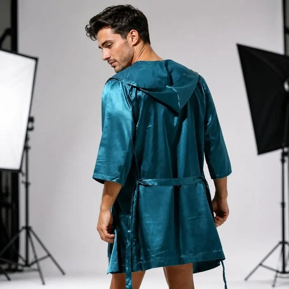 Simple Smooth Men Satin Robe Short-sleeve Lightweight Silk Bathrobe Loose-fit Comfortable Mens Dressing Gown Nightwear