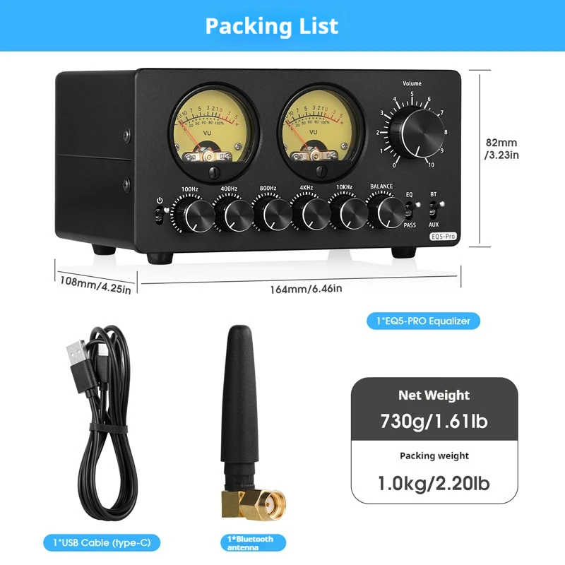 EQ5 / EQ5 PRO Mini 5-Band EQ Equalizer with Bluetooth Receiver 3.5mm AUX Stereo Audio Bypass Balance Preamp w/VU Meter