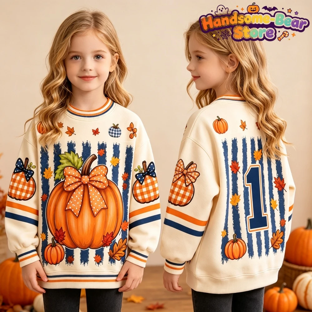 Halloween-Sweatshirts für Mädchen, Kürbis-Print, klassischer, lässiger Pullover, Kapuzenpullover, ideal für Urlaub und Ausflüge, langärmlige Kinderkleidung. – Detail 6