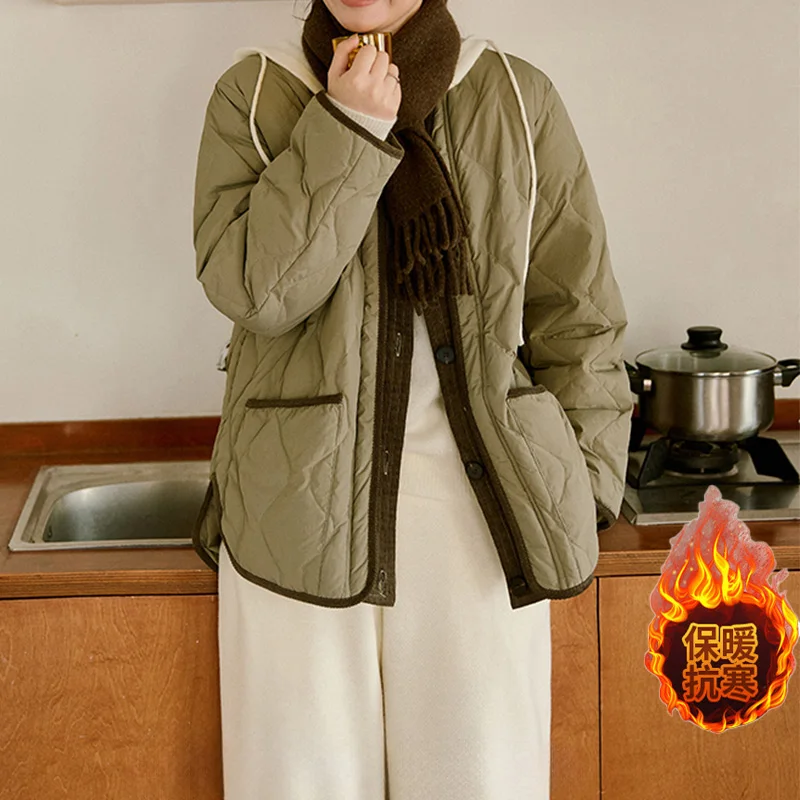 

Женская модная свободная хлопковая куртка с ромбовидным узором, теплая, с эффектом похудения, зимняя утепленная верхняя одежда для повседневной носки